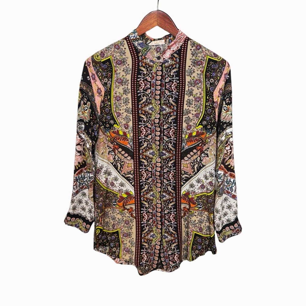 Cotton Candy Multicolor Paisley Medium Button-Up Long Sleeve Boho Work Mature